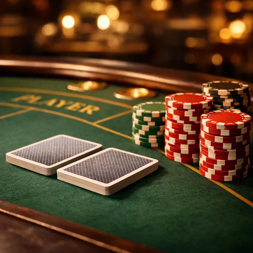 Bàn baccarat xanh với bài úp và chip xếp chồng